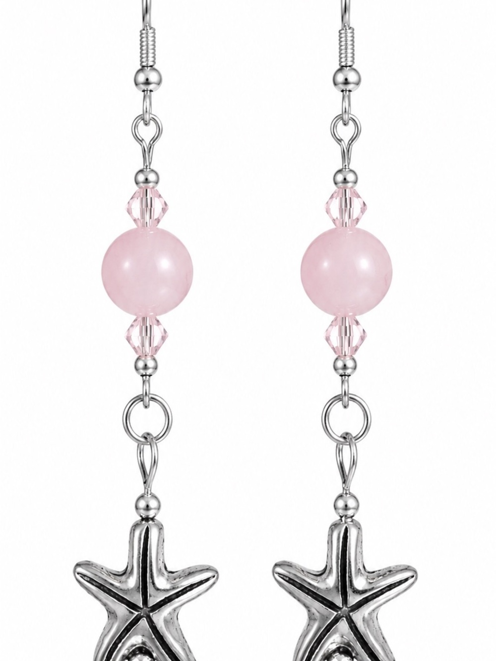 Antique Silver Starfish Earrings with Pearly Pink Glass and Pale Pink Crystal